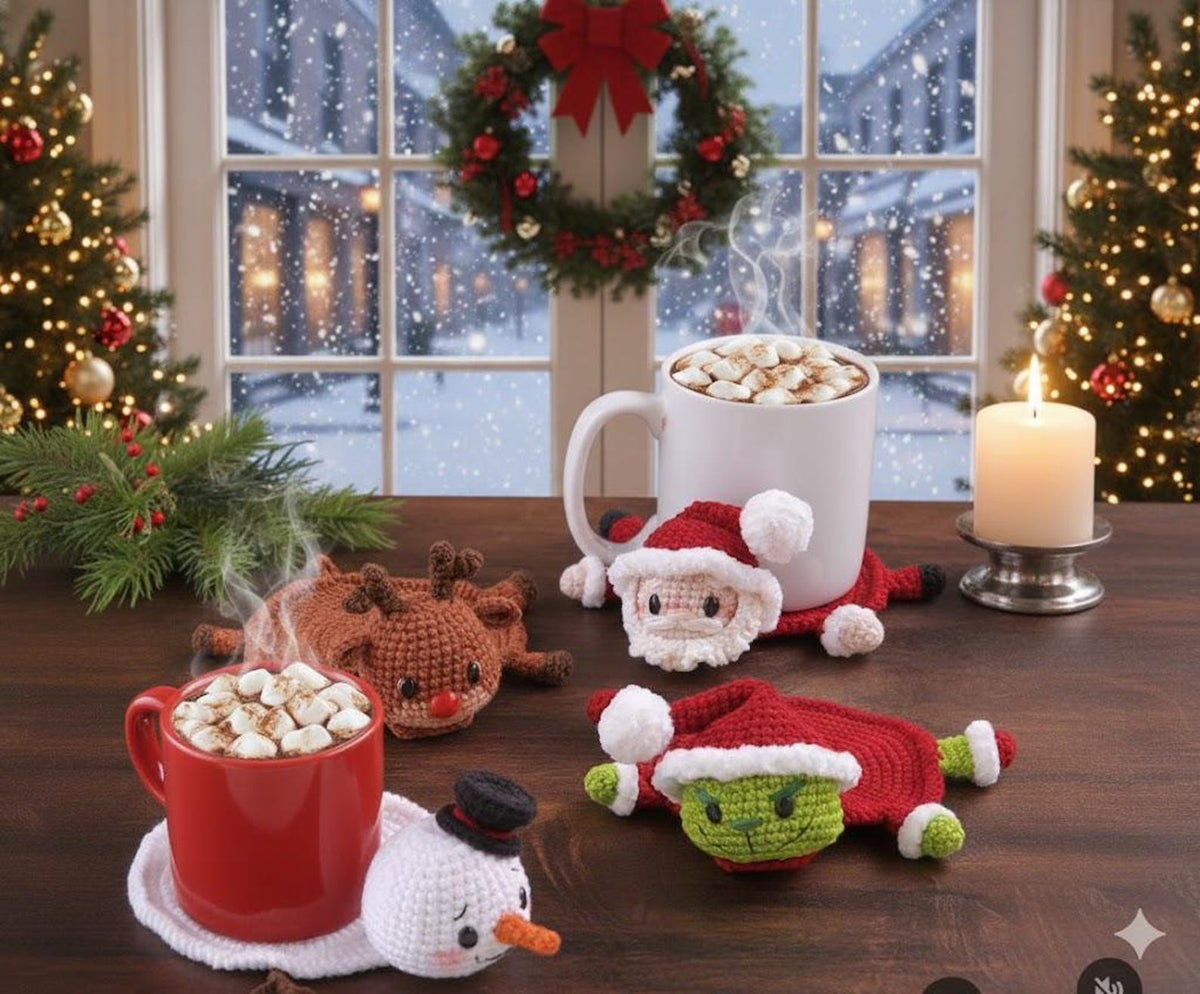 Crochet Christmas Coaster, Handmade Xmas Round Cup Holder, Crochet Santa, Grinch, Snowman Coaster Decor, Cute Gift, Unique Gift for Her