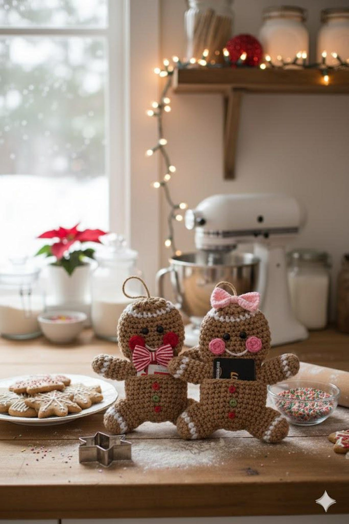 Handmade Gingerbread Man Wool Christmas Card Holder Pouch - Knitted Holiday Gift Bag Decoration