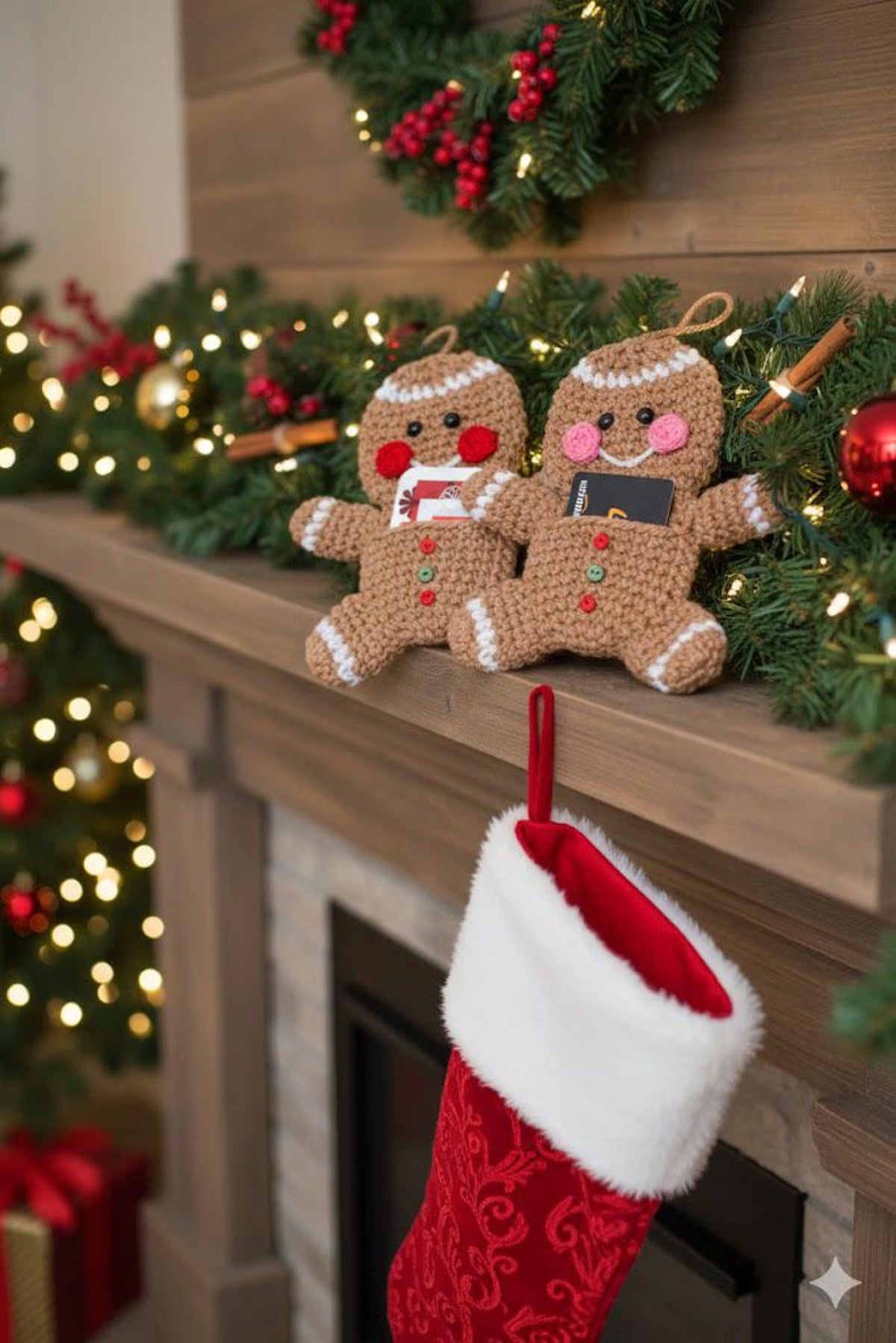 Handmade Gingerbread Man Wool Christmas Card Holder Pouch - Knitted Holiday Gift Bag Decoration