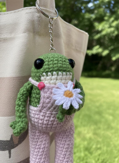 Cute Handmade Crochet Frog Plushie with Pink Overalls And Daisy, Amigurumi Frog, Adore Animal Toy, Frog Lovers, Froggy Crochet, Knitted Frog