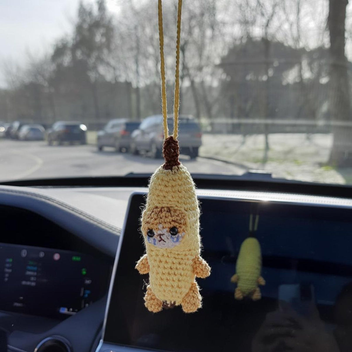 Banana Cat Car Hanging Crochet , Cute Sad Crying Cat Amigurumi Rearview Mirror Charm, Plush Dog Car  Gift for Him Her, Car Decor