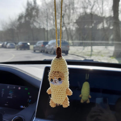 Banana Cat Car Hanging Crochet , Cute Sad Crying Cat Amigurumi Rearview Mirror Charm, Plush Dog Car  Gift for Him Her, Car Decor