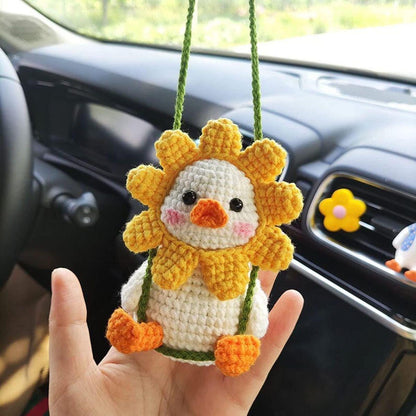 Crochet Flower Duck Car Hanging, Cute Duckling Amigurumi Mirror Charm, Plush Chick Car Accessory Gift for Him Her, Car Decor