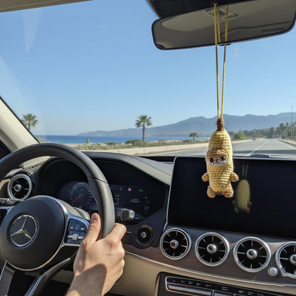 Banana Cat Car Hanging Crochet , Cute Sad Crying Cat Amigurumi Rearview Mirror Charm, Plush Dog Car  Gift for Him Her, Car Decor
