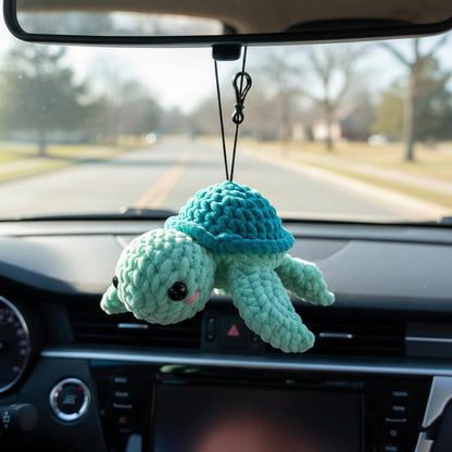 Crochet Turtle Car Hanging Accessory, Plush Sea Turtle Car Charm, Amigurumi Rear View Mirror Decor, Cute New Car Gift