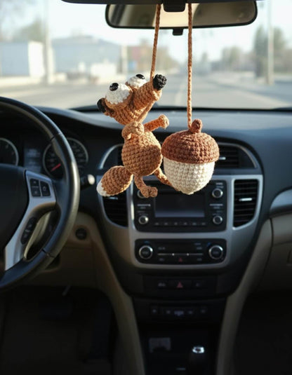 Crochet Scrat Squirrel Car Mirror Hanging, Ice Age Acorn Car Ornament, Amigurumi Animal Car Decor, Funny New Car Gift