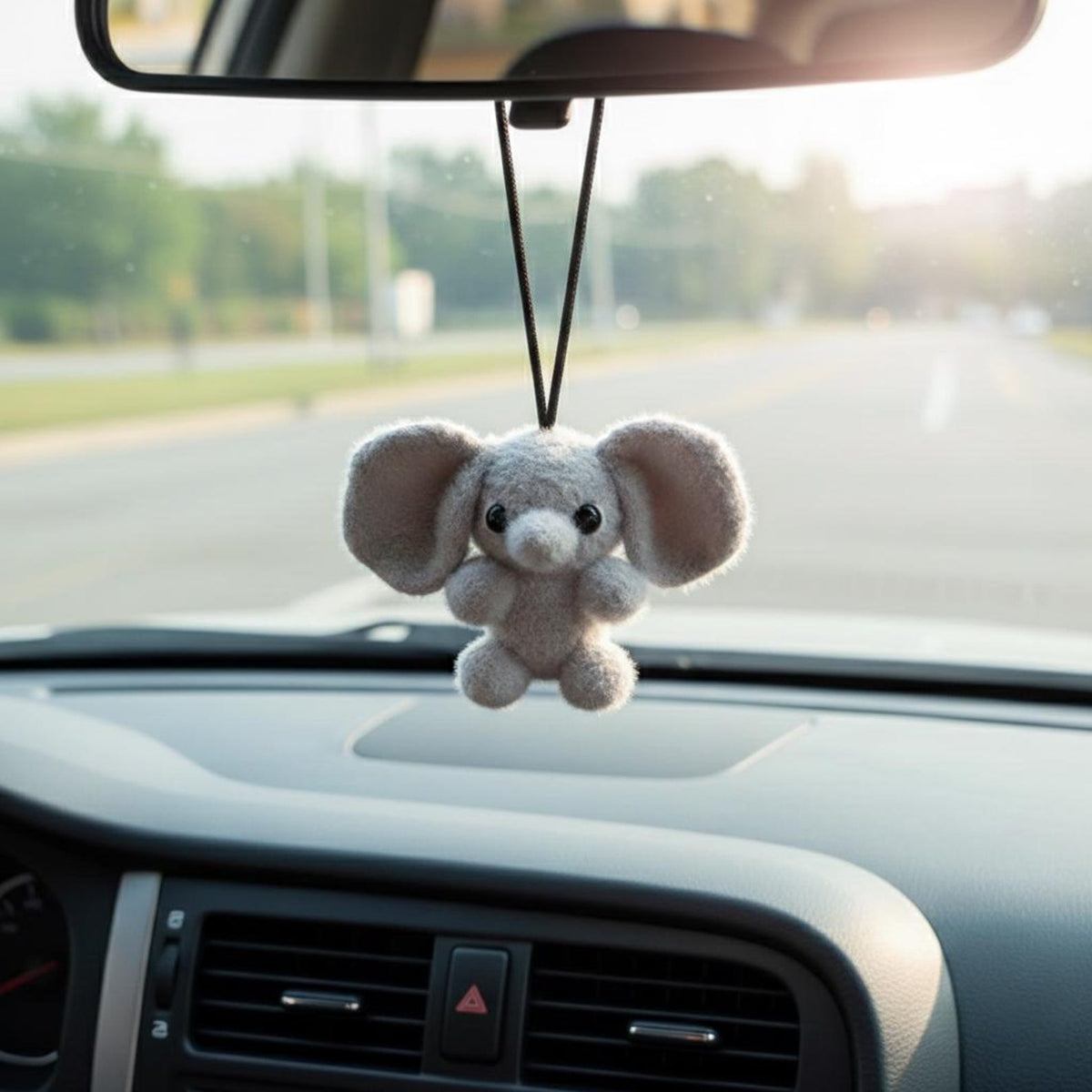 Handmade Crochet Elephant Car Accessory, Cute Fuzzy Plush Elephant Car Mirror Hanging, Needle Felted Animal Car Decor