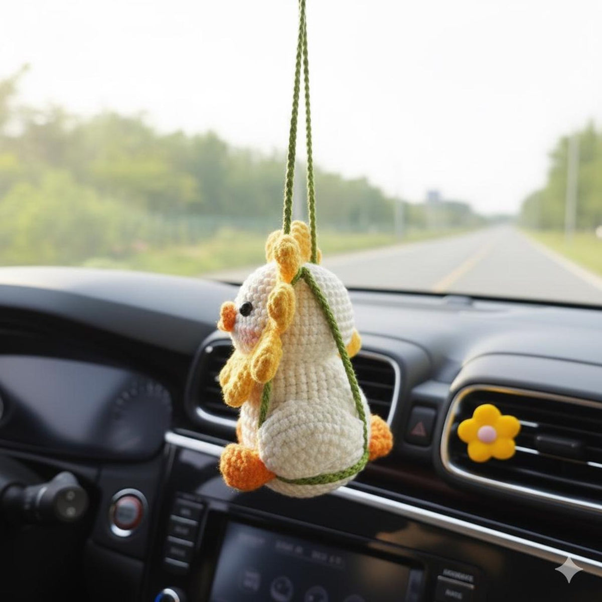 Crochet Flower Duck Car Hanging, Cute Duckling Amigurumi Mirror Charm, Plush Chick Car Accessory Gift for Him Her, Car Decor