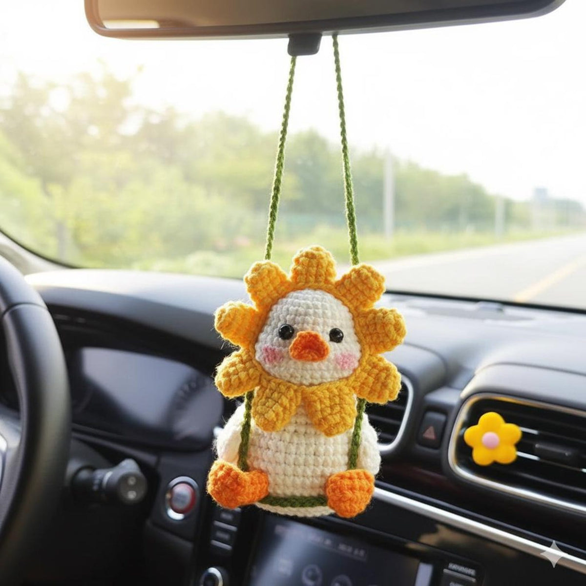 Crochet Flower Duck Car Hanging, Cute Duckling Amigurumi Mirror Charm, Plush Chick Car Accessory Gift for Him Her, Car Decor