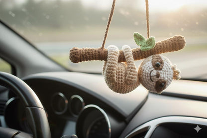 Crochet Sam the Swinging Sloth Car Hanging, Cute Baby Sloth Amigurumi Mirror Charm, Rear View Mirror Hanging Gift for Him Her, Car Decor