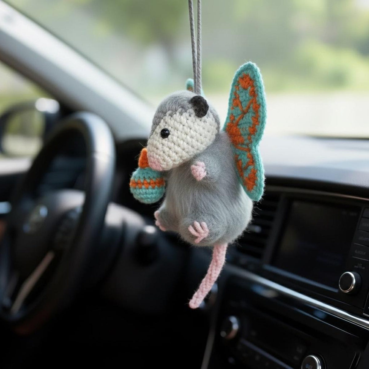 Handmade Crochet Butterfly Opossum Car Charm, Funny Rearview Mirror Hanger, Cute Weirdcore Decor, Possum Animal Gift