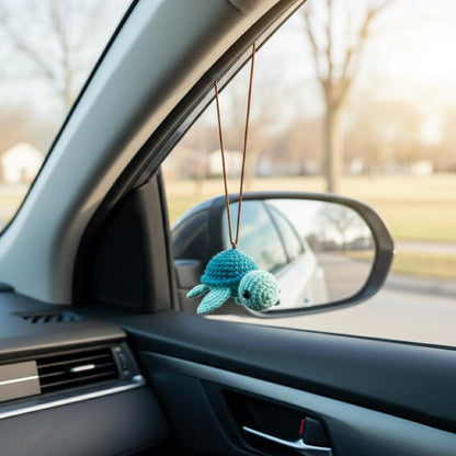 Crochet Turtle Car Hanging Accessory, Plush Sea Turtle Car Charm, Amigurumi Rear View Mirror Decor, Cute New Car Gift
