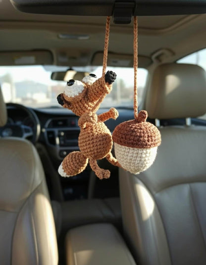 Crochet Scrat Squirrel Car Mirror Hanging, Ice Age Acorn Car Ornament, Amigurumi Animal Car Decor, Funny New Car Gift