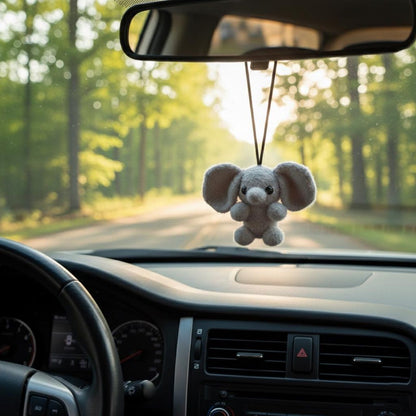 Handmade Crochet Elephant Car Accessory, Cute Fuzzy Plush Elephant Car Mirror Hanging, Needle Felted Animal Car Decor
