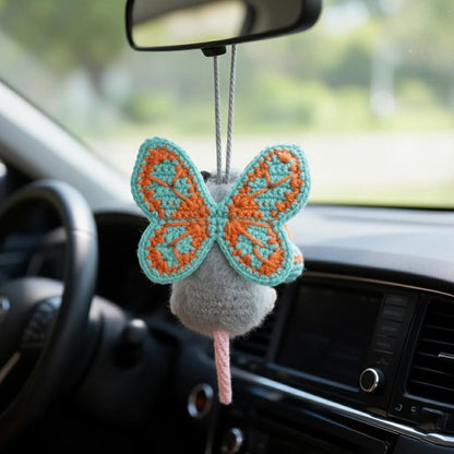 Handmade Crochet Butterfly Opossum Car Charm, Funny Rearview Mirror Hanger, Cute Weirdcore Decor, Possum Animal Gift