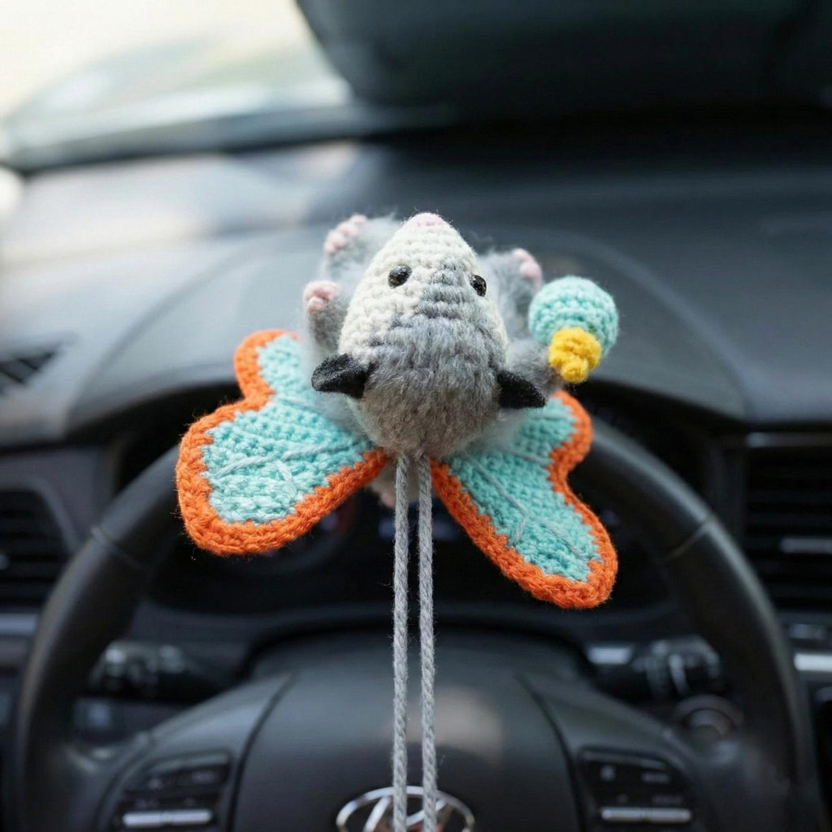 Handmade Crochet Butterfly Opossum Car Charm, Funny Rearview Mirror Hanger, Cute Weirdcore Decor, Possum Animal Gift
