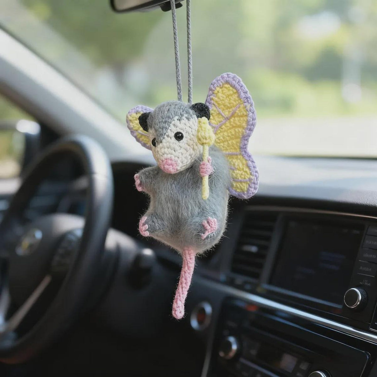 Handmade Crochet Butterfly Opossum Car Charm, Funny Rearview Mirror Hanger, Cute Weirdcore Decor, Possum Animal Gift