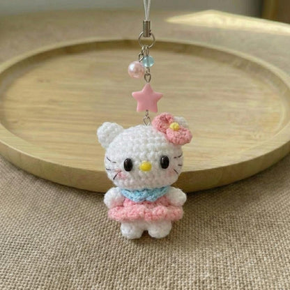 Cute Y2k Crochet Sanrio Keychains, Handmade Amigurumi Plush Bag Charms, Tiny Stuffed Animal Gifts, Friend Gift, Cat Crochet Keychain