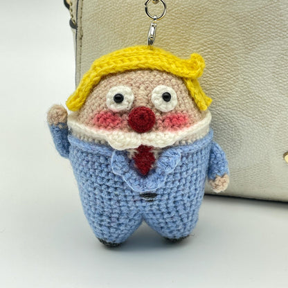Artisan micro‑crochet Trump statuettes, hanging adornments, purse dangling trinkets, collector display sculptures, Yuletide household decor