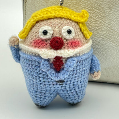 Artisan micro‑crochet Trump statuettes, hanging adornments, purse dangling trinkets, collector display sculptures, Yuletide household decor