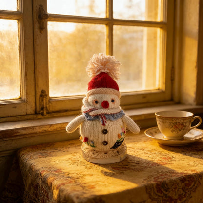 Hand Knit Snowman Sculpture Wool Thread Desktop Embellishment Wintry Seasonal Accent Collector Tokens Christmas Holiday Trinkets