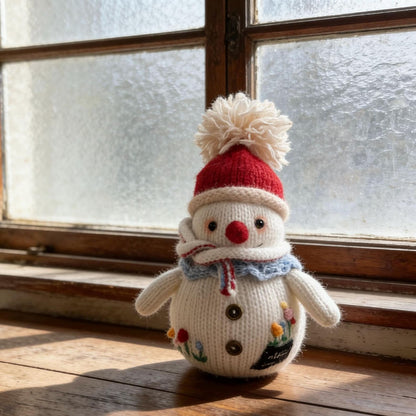 Hand Knit Snowman Sculpture Wool Thread Desktop Embellishment Wintry Seasonal Accent Collector Tokens Christmas Holiday Trinkets