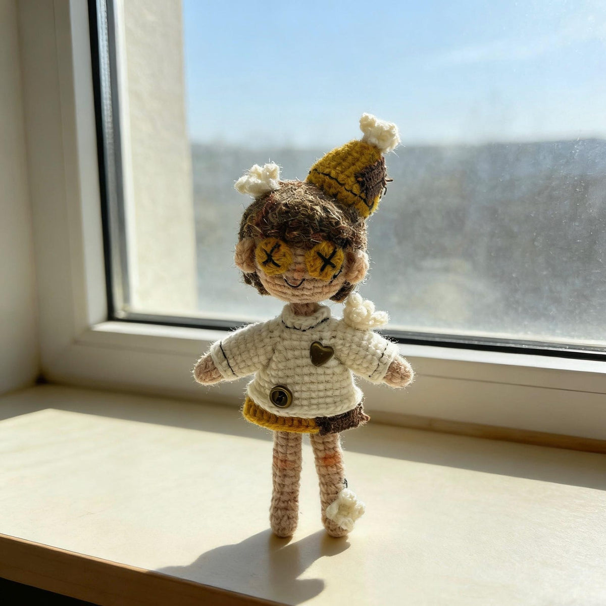 Artisan micro‑crochet maiden figurine, imaginative table‑top ornamental piece, hobbyist showcase sculpture, Yuletide home adornment