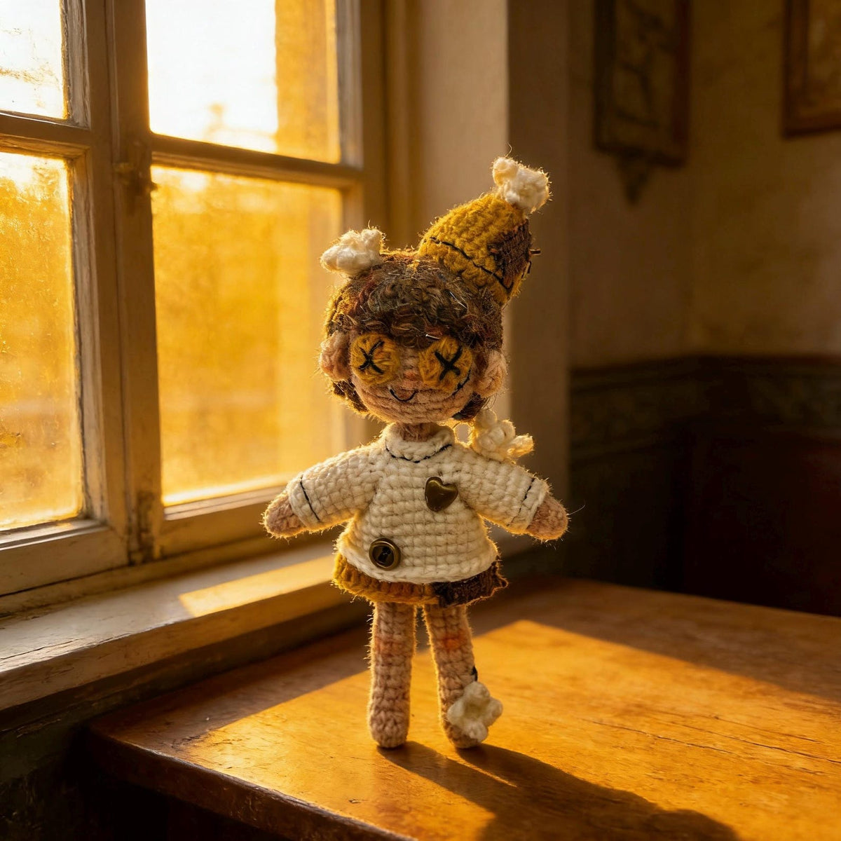 Artisan micro‑crochet maiden figurine, imaginative table‑top ornamental piece, hobbyist showcase sculpture, Yuletide home adornment