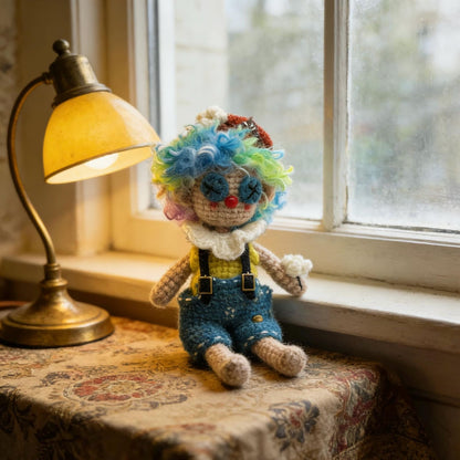 Artisan clown figurines, rucksack dangling trinkets, table‑top showcase ornaments, hobbyist display sculptures, Yuletide household adornment