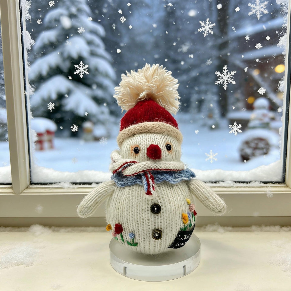Hand Knit Snowman Sculpture Wool Thread Desktop Embellishment Wintry Seasonal Accent Collector Tokens Christmas Holiday Trinkets