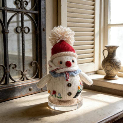 Hand Knit Snowman Sculpture Wool Thread Desktop Embellishment Wintry Seasonal Accent Collector Tokens Christmas Holiday Trinkets