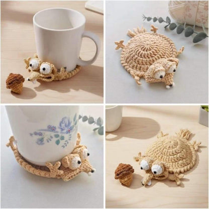 Crochet Scrat Squirrel Coaster Set, Ice Age Inspired Mug Rug, Cotton Yarn Desk DecorCoaster Decor, Cute Gift, Unique Gift for Her