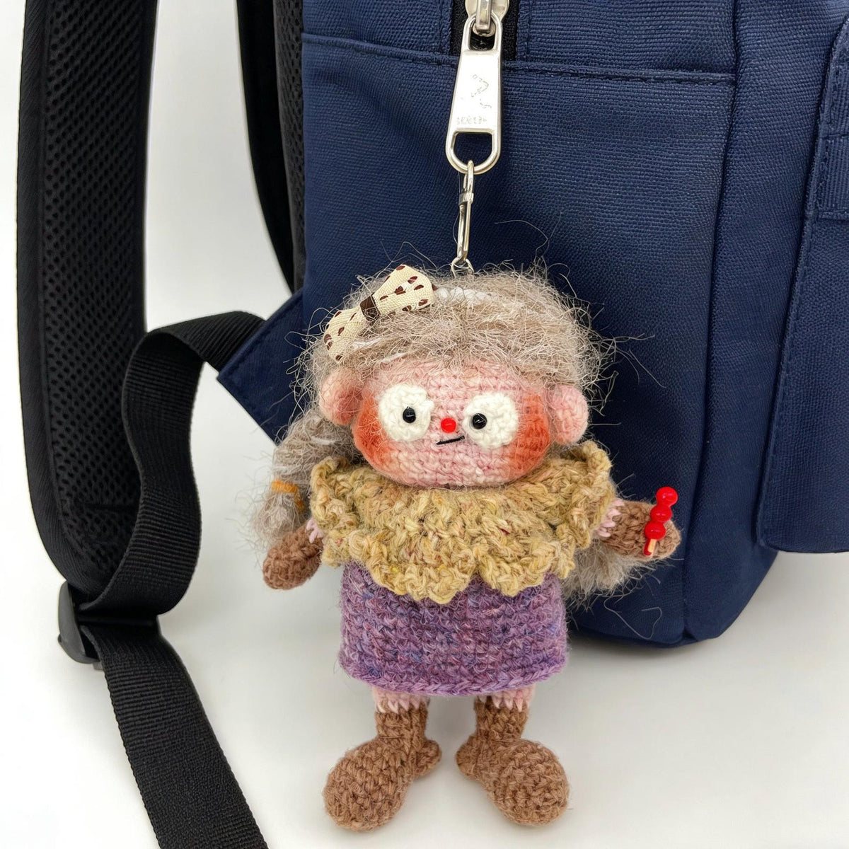 Artisan yarn knit figurine charm, tabletop decorative statuette, purse ornamental trim, everyday carry side piece, Yuletide seasonal decor