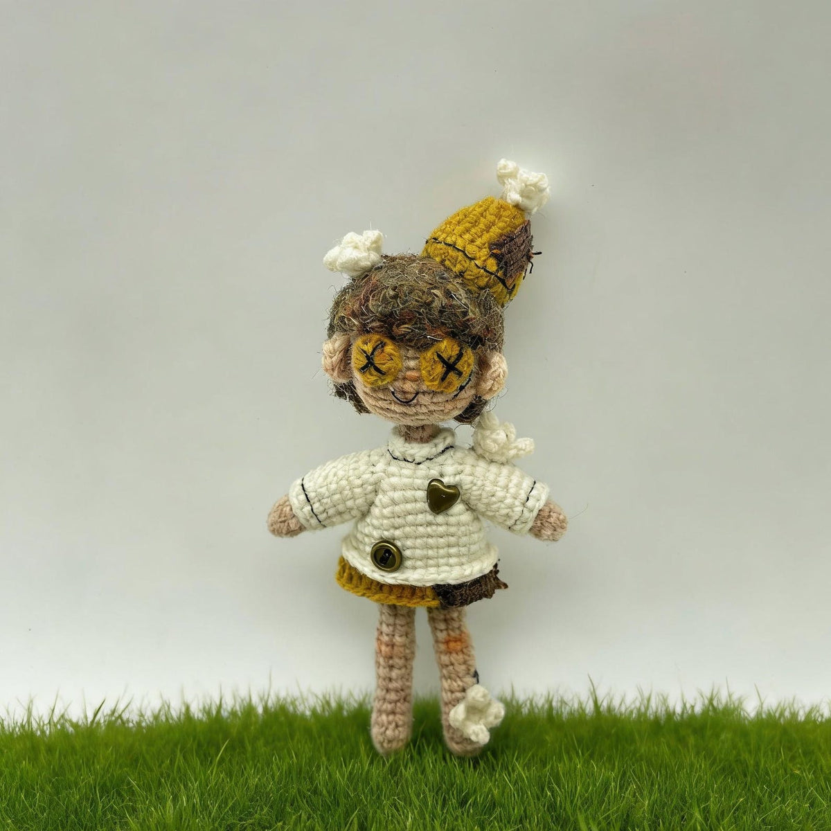 Artisan micro‑crochet maiden figurine, imaginative table‑top ornamental piece, hobbyist showcase sculpture, Yuletide home adornment