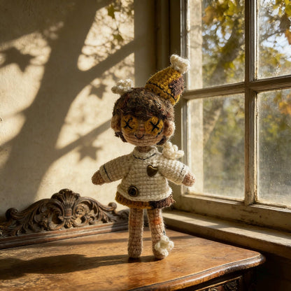 Artisan micro‑crochet maiden figurine, imaginative table‑top ornamental piece, hobbyist showcase sculpture, Yuletide home adornment