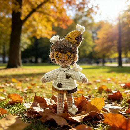 Artisan micro‑crochet maiden figurine, imaginative table‑top ornamental piece, hobbyist showcase sculpture, Yuletide home adornment