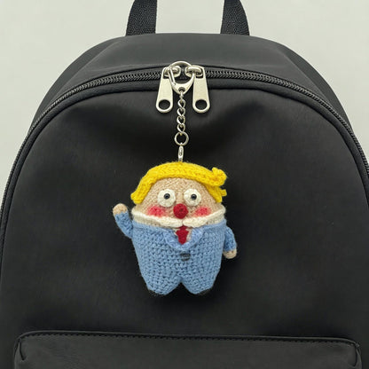Artisan micro‑crochet Trump statuettes, hanging adornments, purse dangling trinkets, collector display sculptures, Yuletide household decor