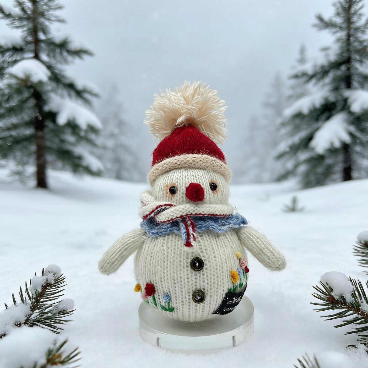 Hand Knit Snowman Sculpture Wool Thread Desktop Embellishment Wintry Seasonal Accent Collector Tokens Christmas Holiday Trinkets