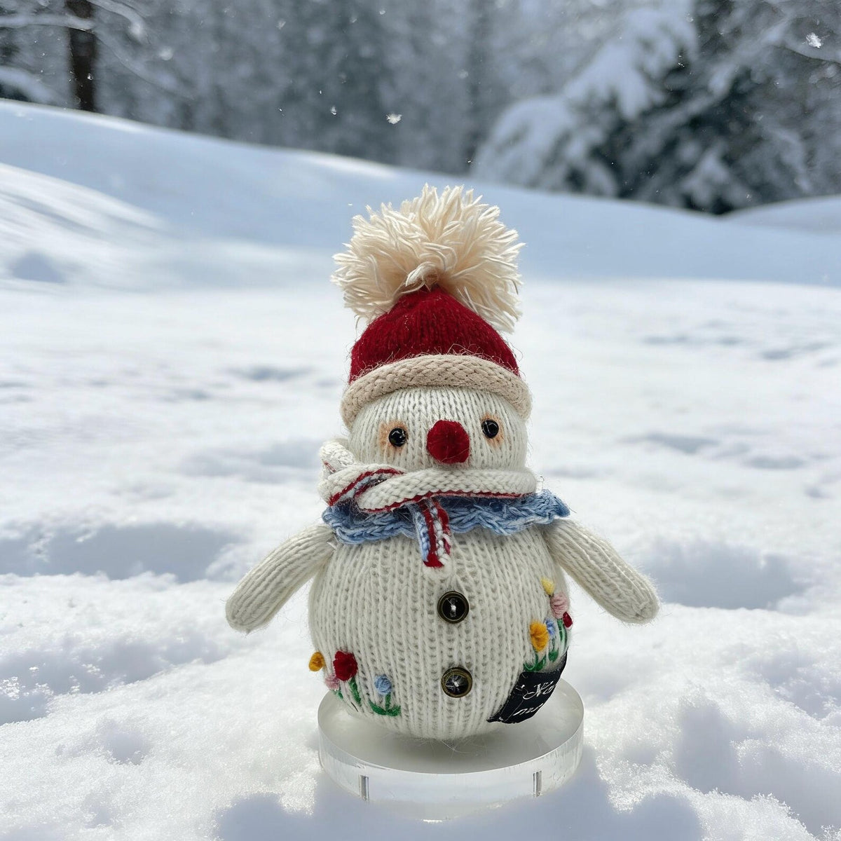 Hand Knit Snowman Sculpture Wool Thread Desktop Embellishment Wintry Seasonal Accent Collector Tokens Christmas Holiday Trinkets