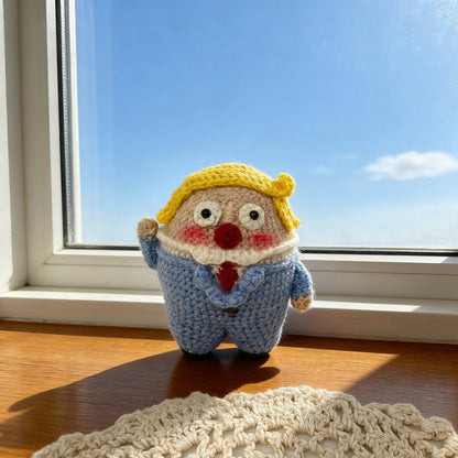 Artisan micro‑crochet Trump statuettes, hanging adornments, purse dangling trinkets, collector display sculptures, Yuletide household decor