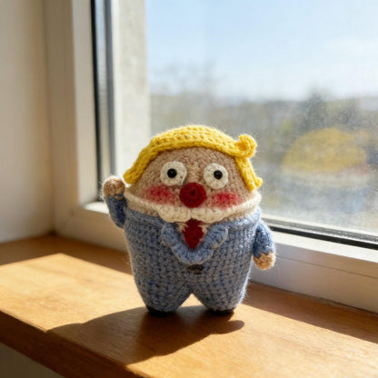 Artisan micro‑crochet Trump statuettes, hanging adornments, purse dangling trinkets, collector display sculptures, Yuletide household decor