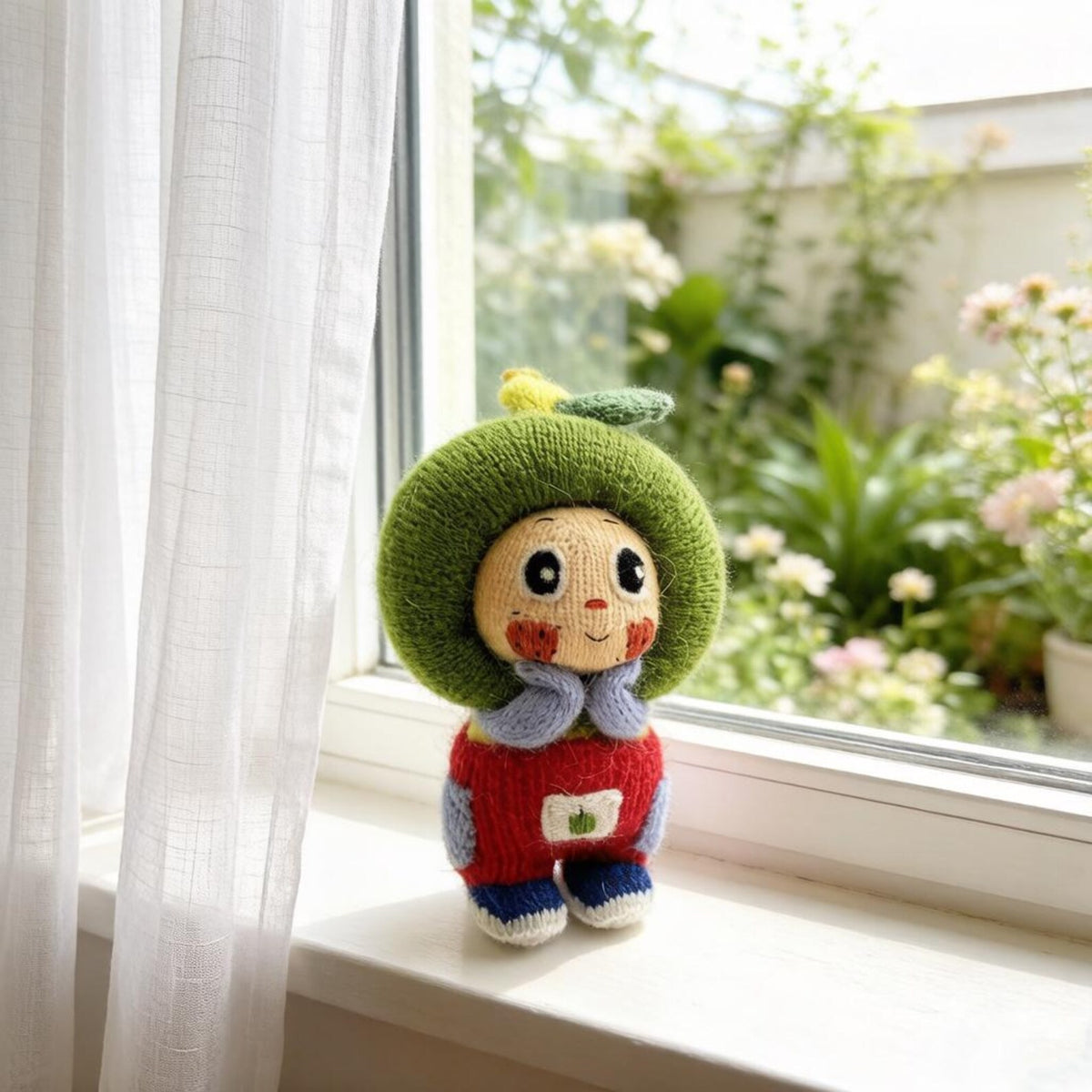 Artisan knit green apple figurine, nursery ornamental piece, birthday milestone memento, hobbyist showcase treasure, Yuletide home adornment
