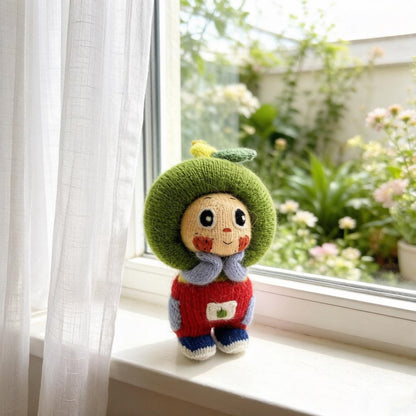 Artisan knit green apple figurine, nursery ornamental piece, birthday milestone memento, hobbyist showcase treasure, Yuletide home adornment
