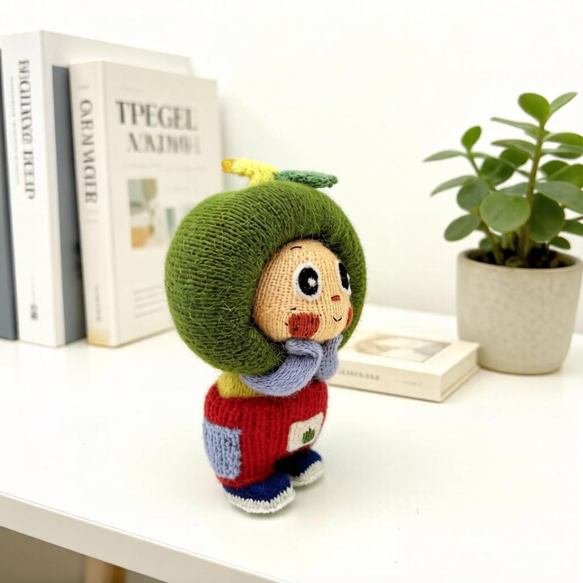 Artisan knit green apple figurine, nursery ornamental piece, birthday milestone memento, hobbyist showcase treasure, Yuletide home adornment