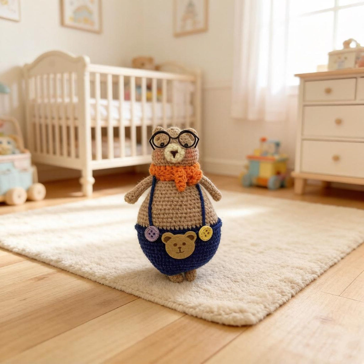 Artisan knit bear figurine, infant gathering adornment, imaginative tabletop accent, hobbyist display statuette, Yuletide nursery trim