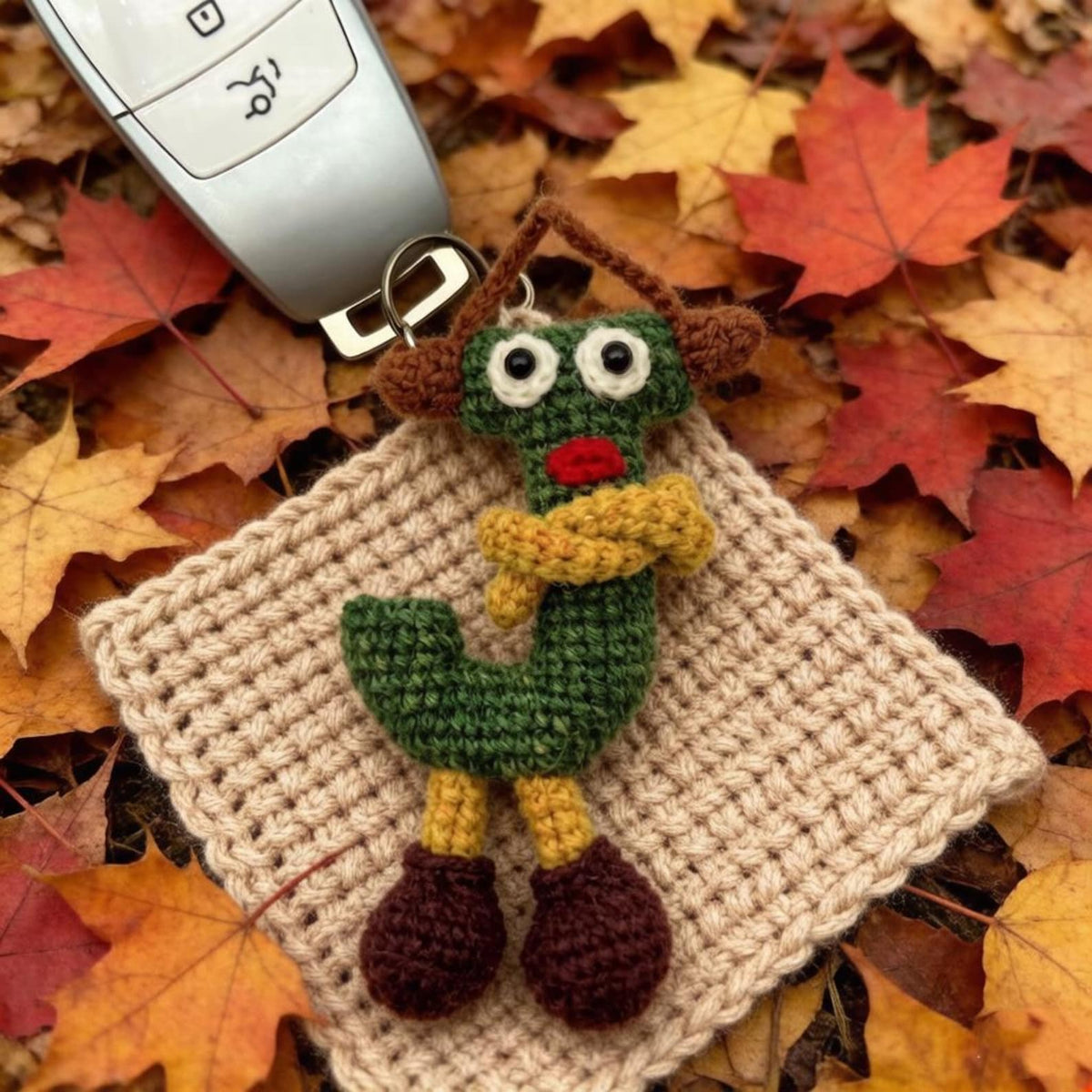 Artisan wool yarn letter J key charm, sack adornment, monogram dangling trinket, birthday milestone memento, Yuletide tote embellishment