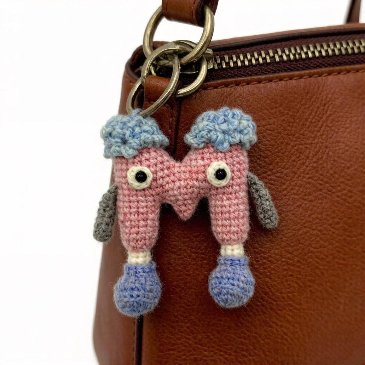 Artisan wool knit letter M charm figurine, keyring trinket, sack adornment, paired monogram key dangling piece, Yuletide tote embellishment