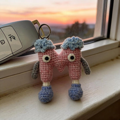 Artisan wool knit letter M charm figurine, keyring trinket, sack adornment, paired monogram key dangling piece, Yuletide tote embellishment