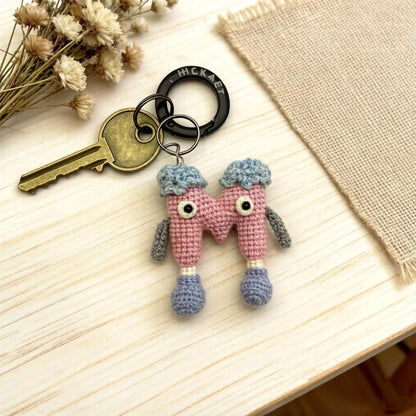 Artisan wool knit letter M charm figurine, keyring trinket, sack adornment, paired monogram key dangling piece, Yuletide tote embellishment