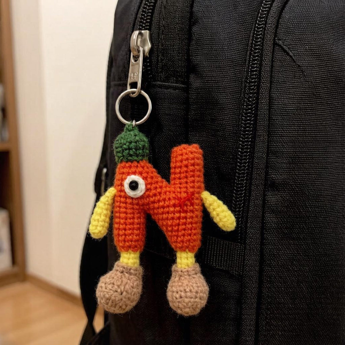 Artisan wool knit letter N charm figurine, keyring trinket, sack adornment, paired monogram key dangling piece, Yuletide tote embellishment
